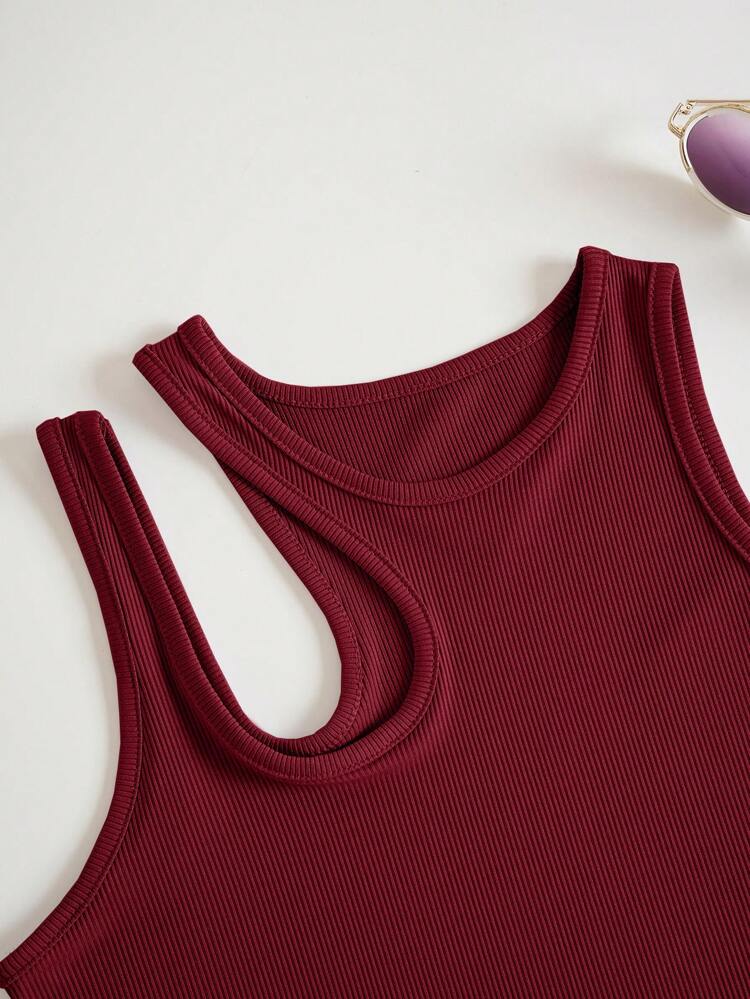 Women’s Burgundy Ribbed Asymmetrical Tank Top – Sleeveless Cutout Summer Crop Top