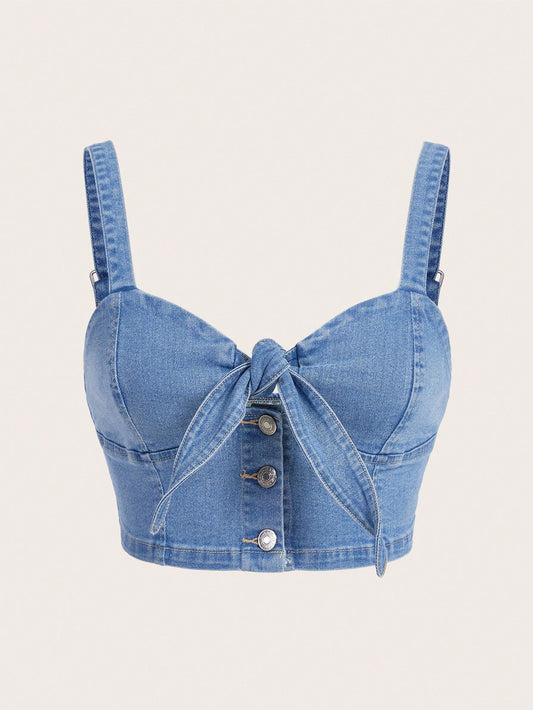 SHEIN Women’s Blue Denim Tie Front Crop Top
