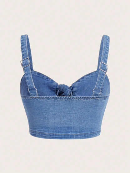 SHEIN Women’s Blue Denim Tie Front Crop Top