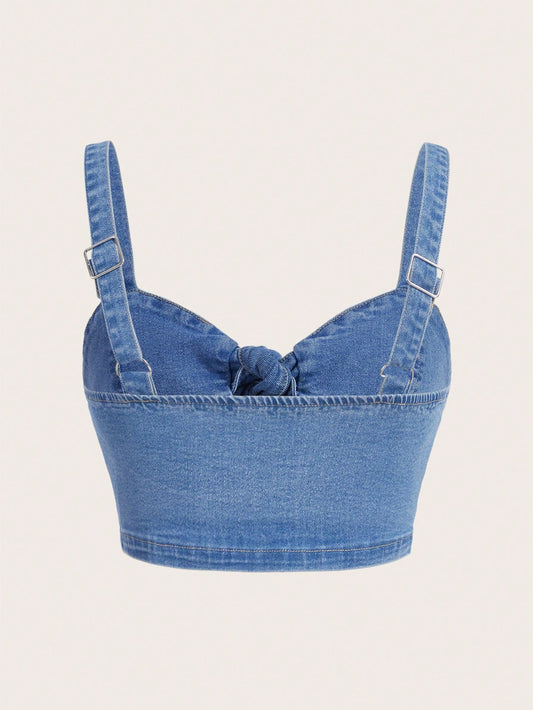 SHEIN Women’s Blue Denim Tie Front Crop Top