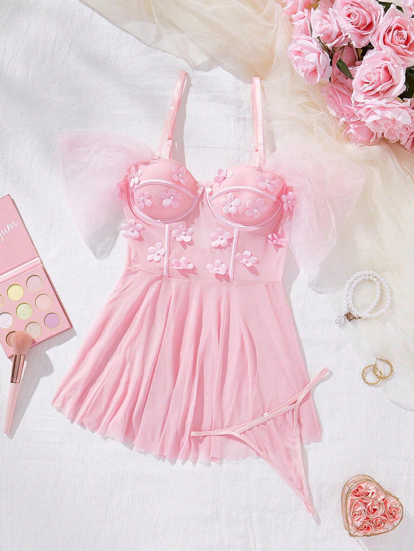 Women Pink Floral Babydoll Lingerie Set – Cute Mesh Nightdress with Thong