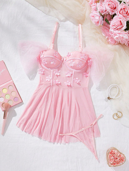 Women Pink Floral Babydoll Lingerie Set – Cute Mesh Nightdress with Thong