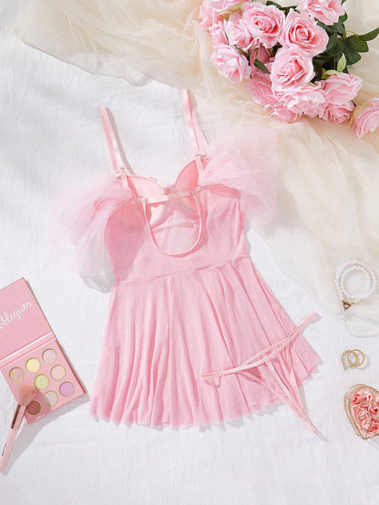 Women Pink Floral Babydoll Lingerie Set – Cute Mesh Nightdress with Thong