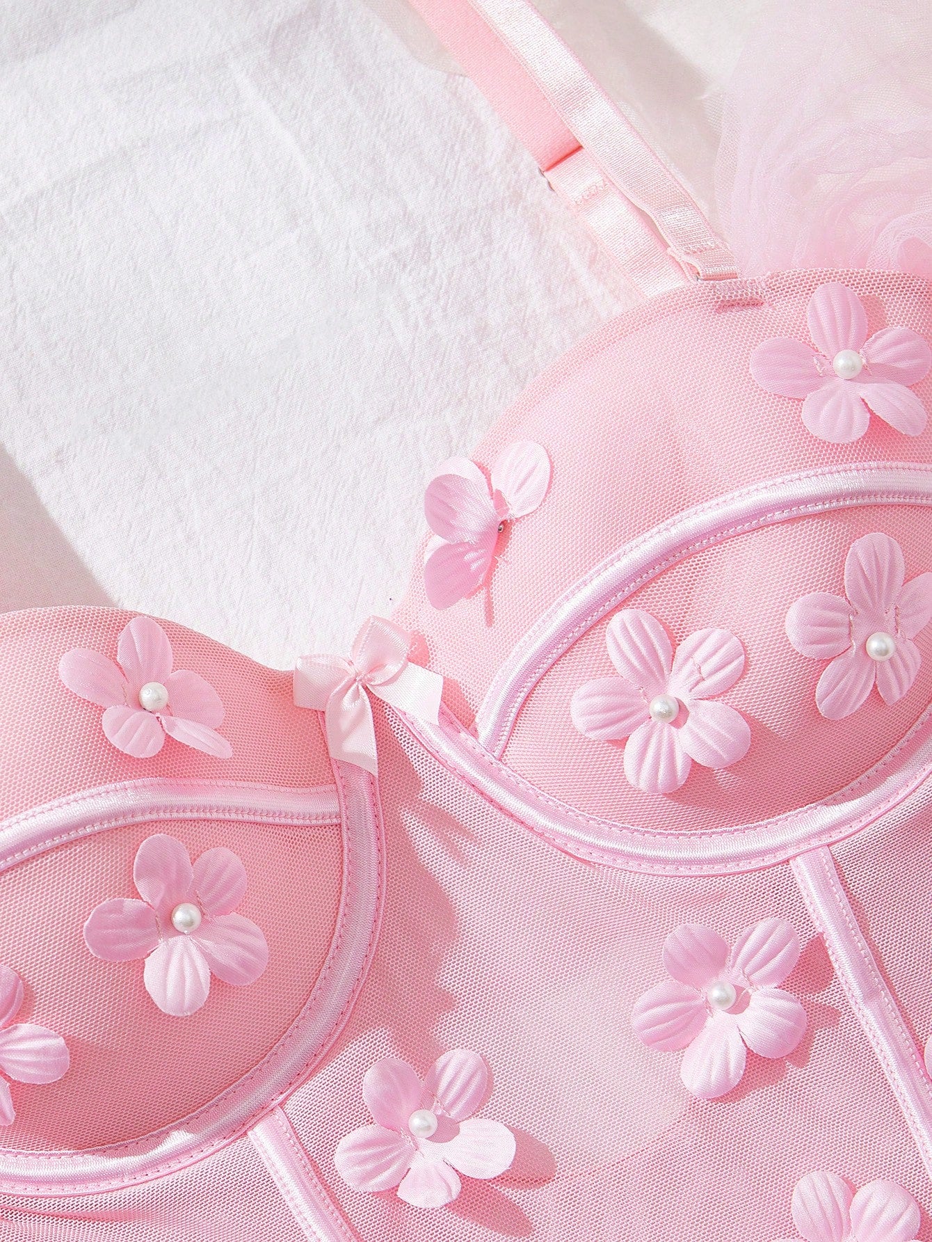 Women Pink Floral Babydoll Lingerie Set – Cute Mesh Nightdress with Thong