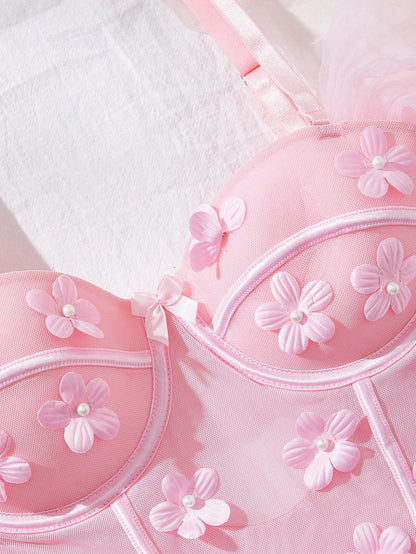 Women Pink Floral Babydoll Lingerie Set – Cute Mesh Nightdress with Thong