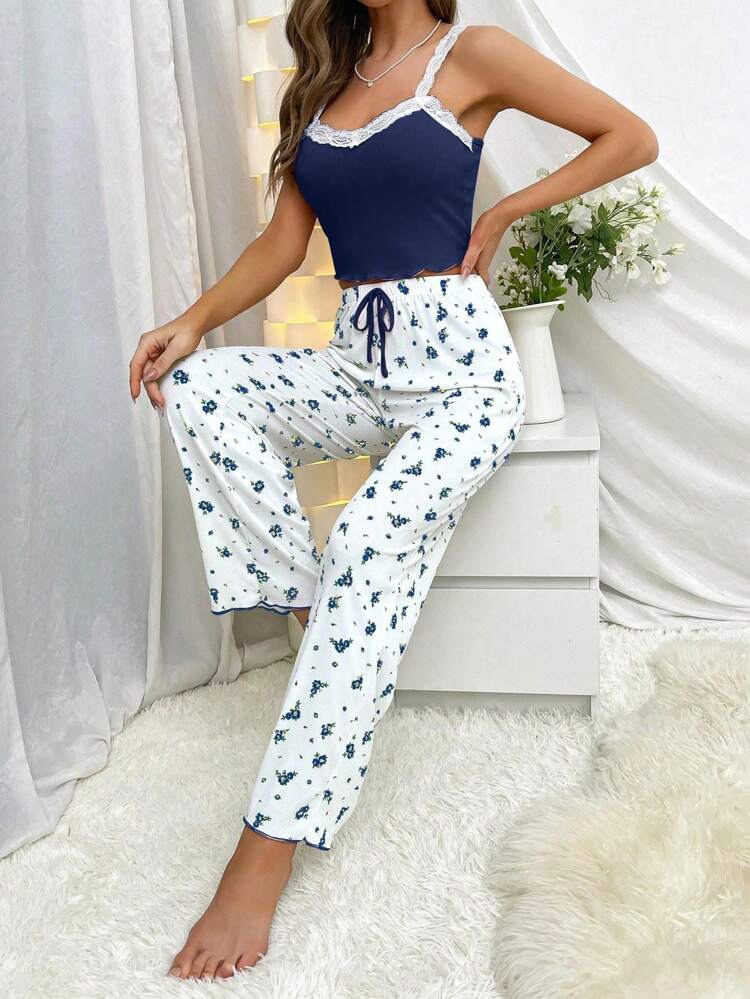 Women’s Floral Lace Trim Cami & Wide Leg Pants Lounge Set – Navy Blue and White Two Piece Pajama Set