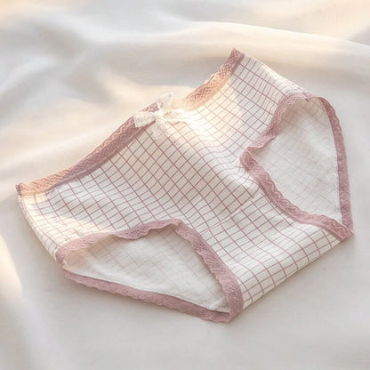 5-Piece Organic Cotton Women’s Cute Brief Panty Set – Soft Mid Rise Underwear with Pink Heart & Plaid Prints