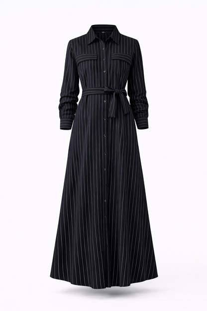 Black Striped Belted Shirt Maxi Dress – Long Sleeve Button Front Elegant Casual Dress for Women