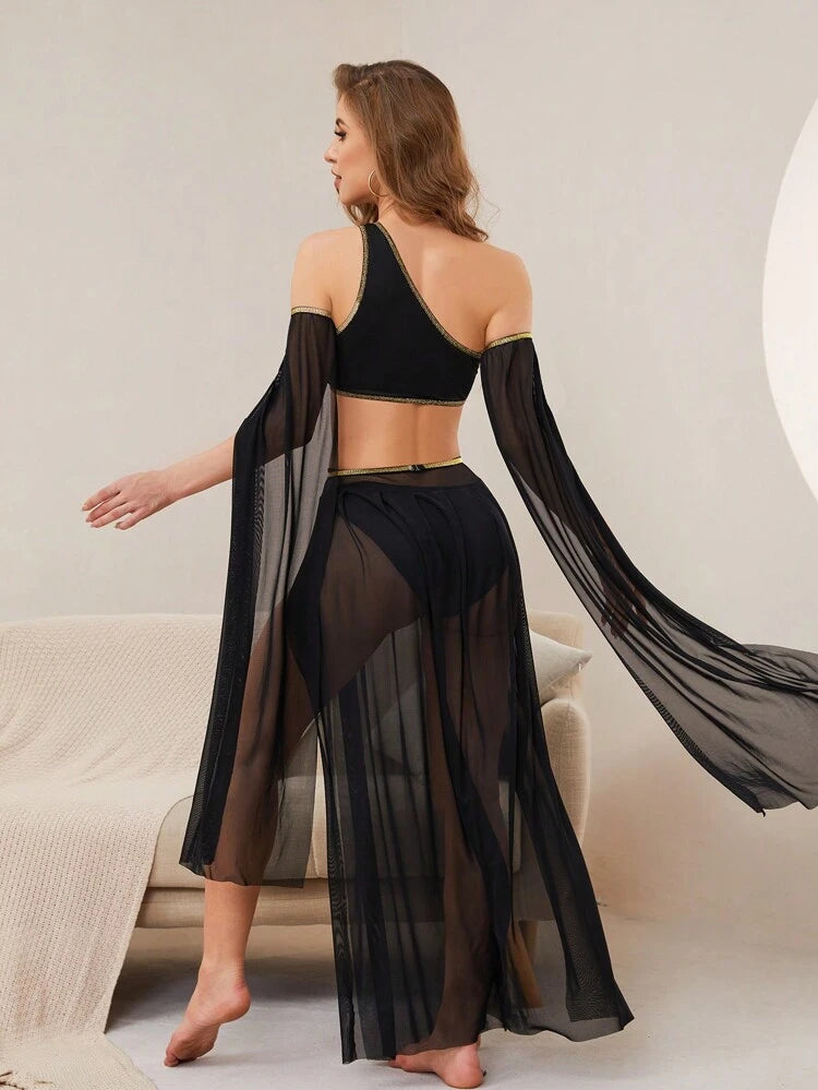 Women Belly Dance Costume Set – Sheer Skirt with Coin Belt & One Shoulder Top
