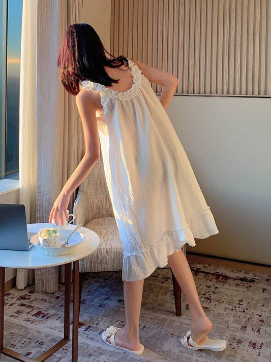 White Ruffle Trim Sleeveless Sleep Dress – Soft Loose Fit Nightwear Midi Dress for Women