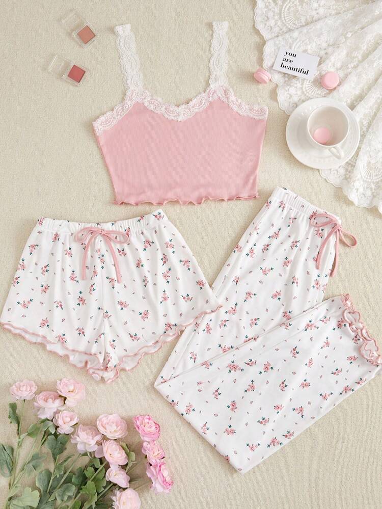Women’s Pink Lace Trim 3 Piece Pajama Set – Ribbed Cami with Floral Shorts & Pants Sleepwear Set