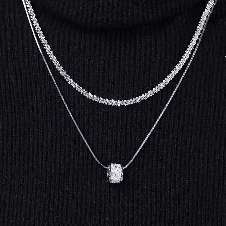 Women Double Layer Crystal Necklace – Elegant Silver Pendant & Tennis Chain Necklace