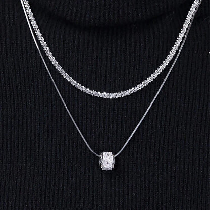 Women Double Layer Crystal Necklace – Elegant Silver Pendant & Tennis Chain Necklace