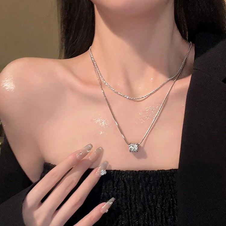 Women Double Layer Crystal Necklace – Elegant Silver Pendant & Tennis Chain Necklace
