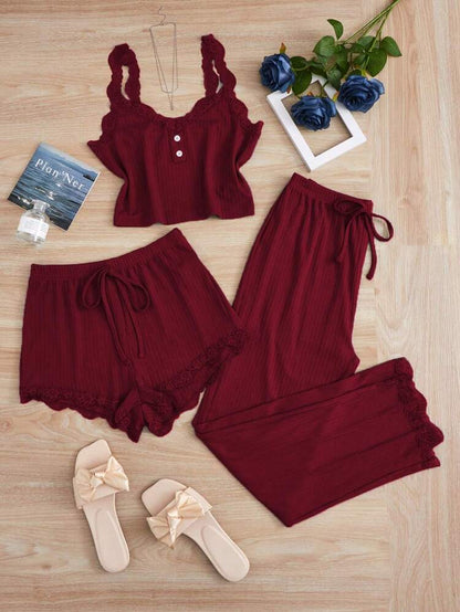 Women’s 3 Piece Ribbed Lace Trim Pajama Set – Burgundy Cami Top, Shorts & Wide Leg Pants Lounge Set