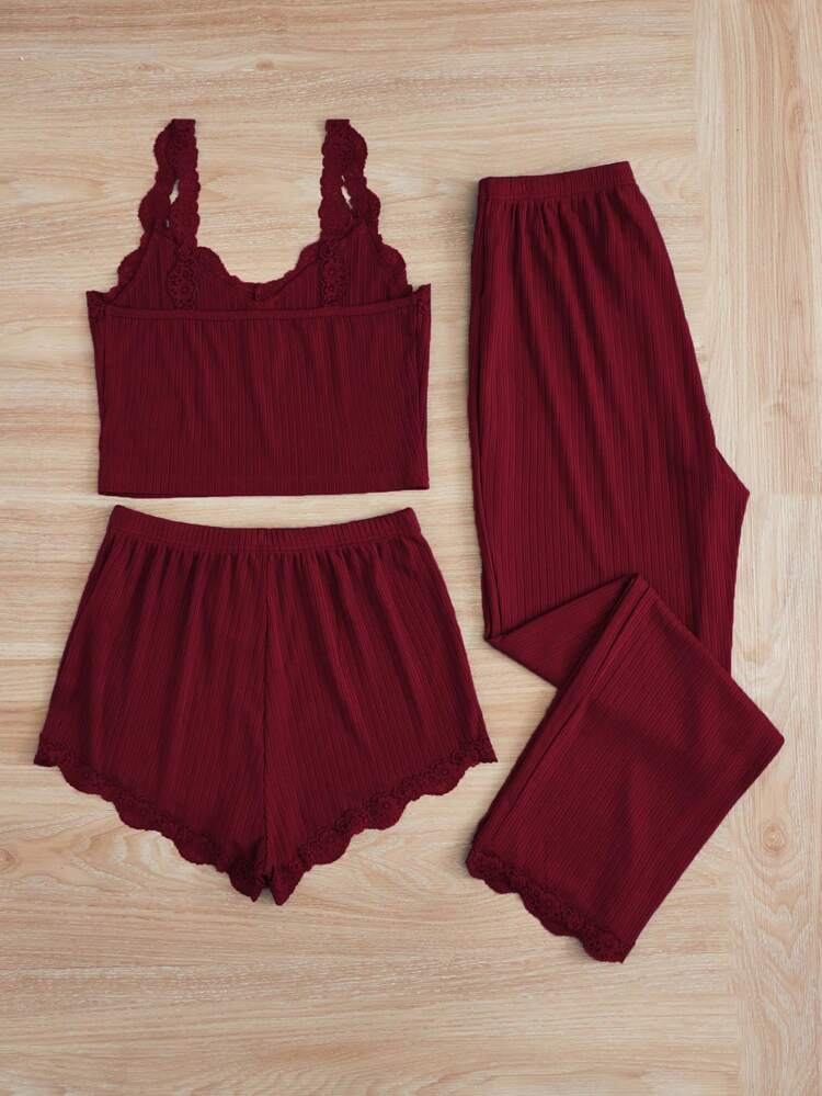 Women’s 3 Piece Ribbed Lace Trim Pajama Set – Burgundy Cami Top, Shorts & Wide Leg Pants Lounge Set