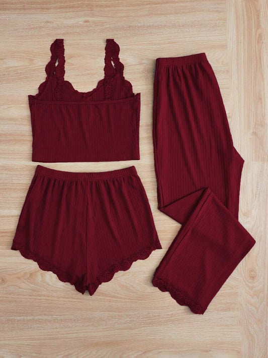 Women’s 3 Piece Ribbed Lace Trim Pajama Set – Burgundy Cami Top, Shorts & Wide Leg Pants Lounge Set