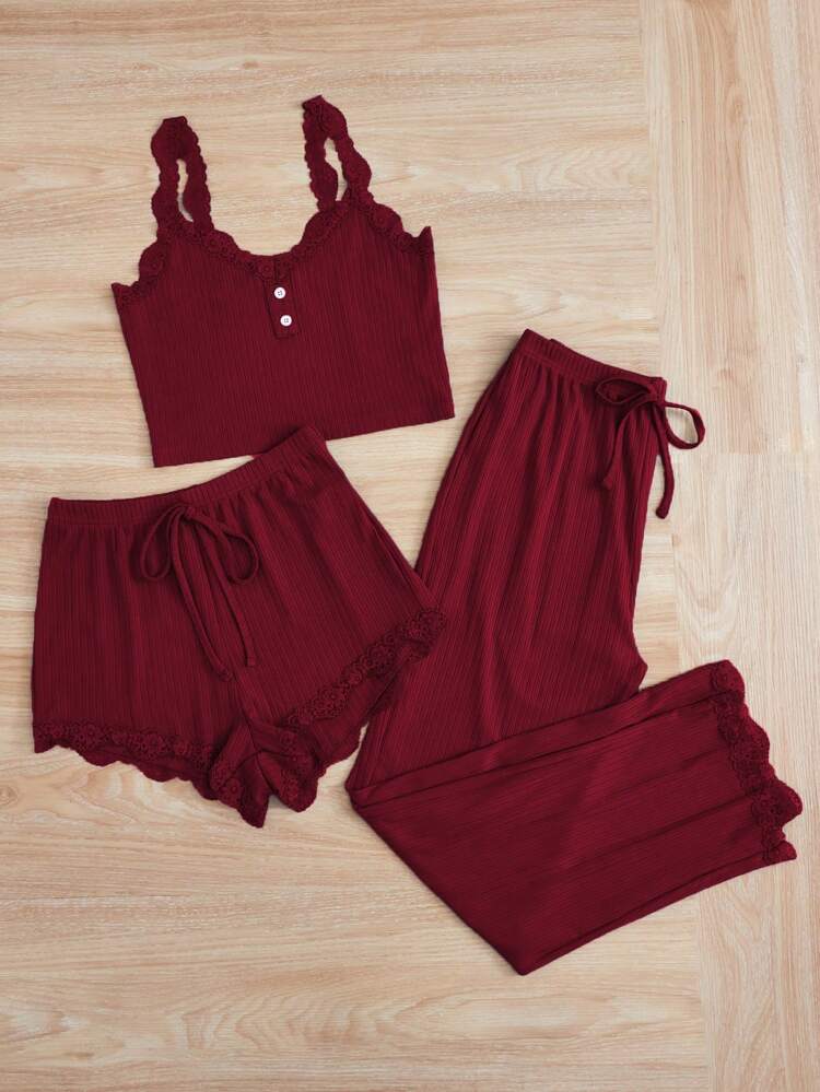 Women’s 3 Piece Ribbed Lace Trim Pajama Set – Burgundy Cami Top, Shorts & Wide Leg Pants Lounge Set