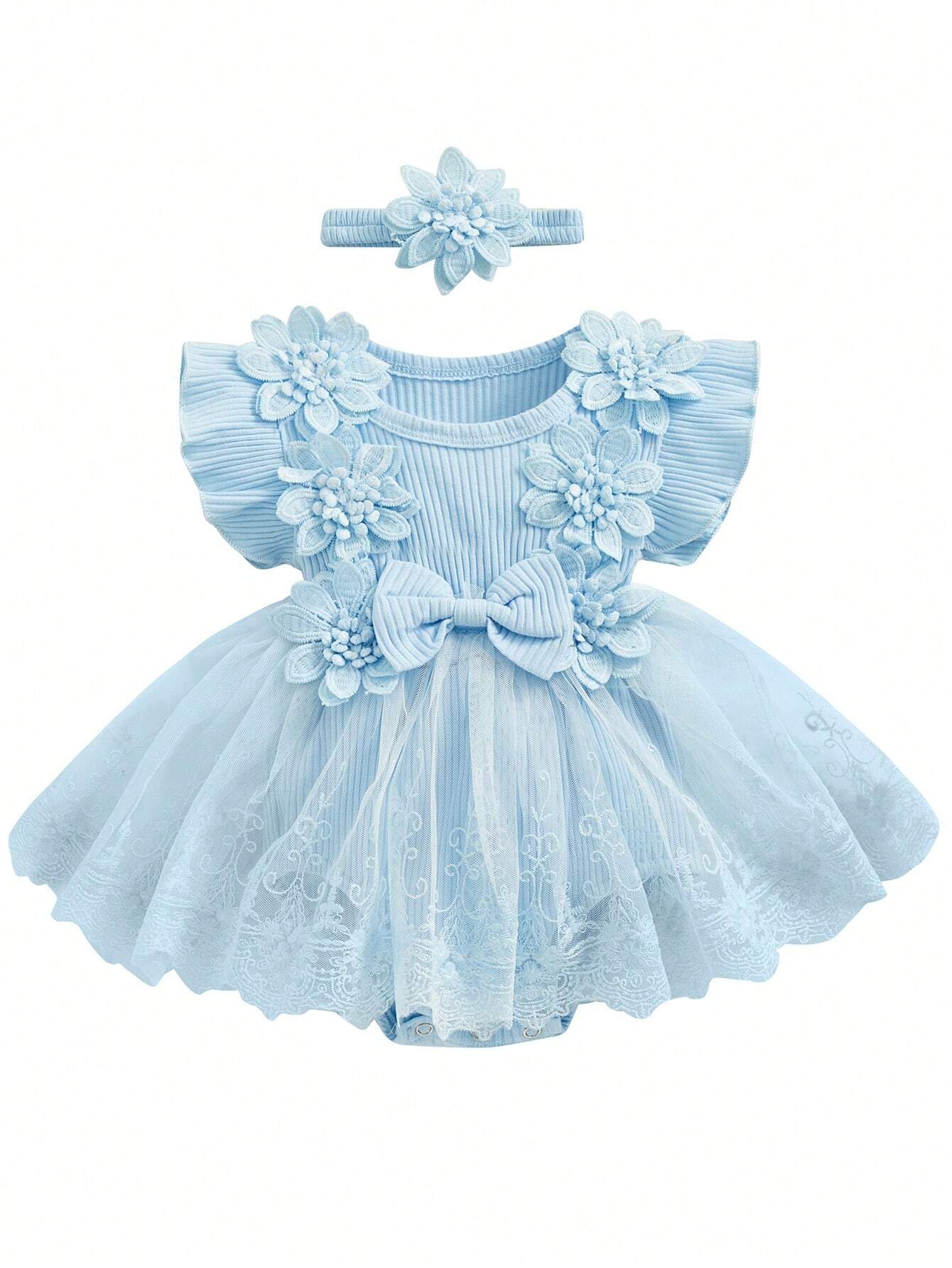 SHEIN Kids Blue Floral Tulle Dress Set - SHEIN Fast Delivery in 5 Days
