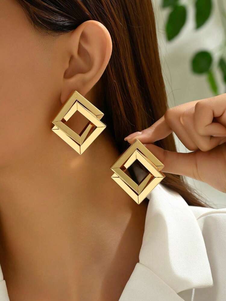 Geometric Hollow Square Drop Earrings – Gold Tone Statement Earrings for Women