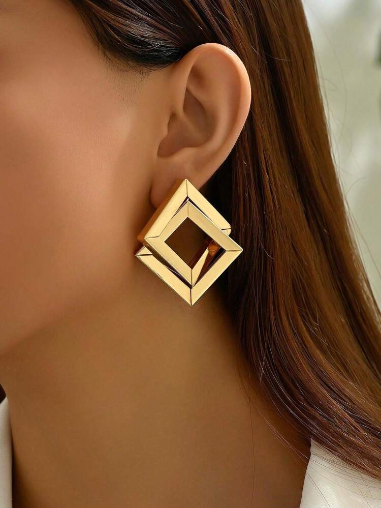 Geometric Hollow Square Drop Earrings – Gold Tone Statement Earrings for Women