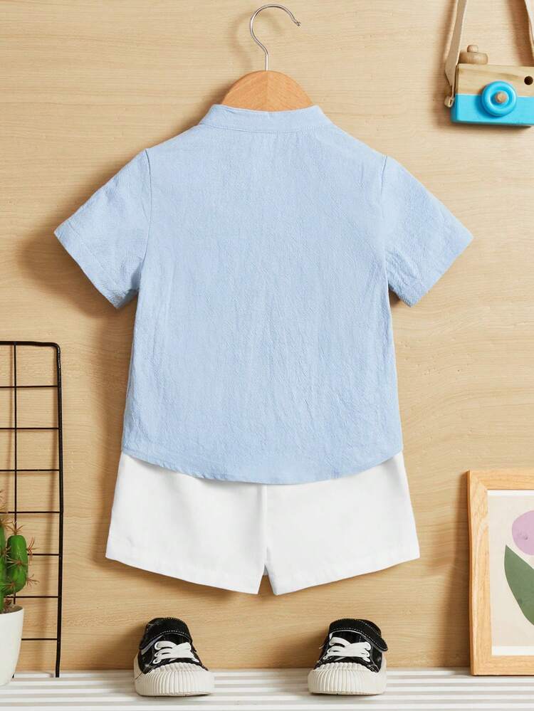 Baby Boy 2-Piece Smart Casual Outfit Set – Light Blue Mandarin Collar Shirt & White Shorts