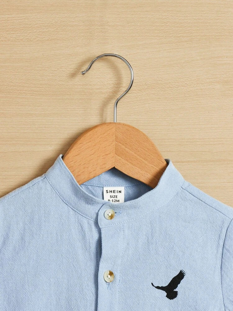 Baby Boy 2-Piece Smart Casual Outfit Set – Light Blue Mandarin Collar Shirt & White Shorts