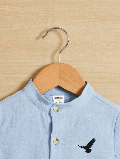 Baby Boy 2-Piece Smart Casual Outfit Set – Light Blue Mandarin Collar Shirt & White Shorts