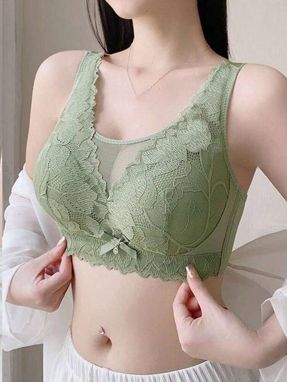 Sage Green Floral Lace Wireless Bra for Women – Full Coverage Comfort Bra – Soft Support – Shein Style Everyday Lingerie
