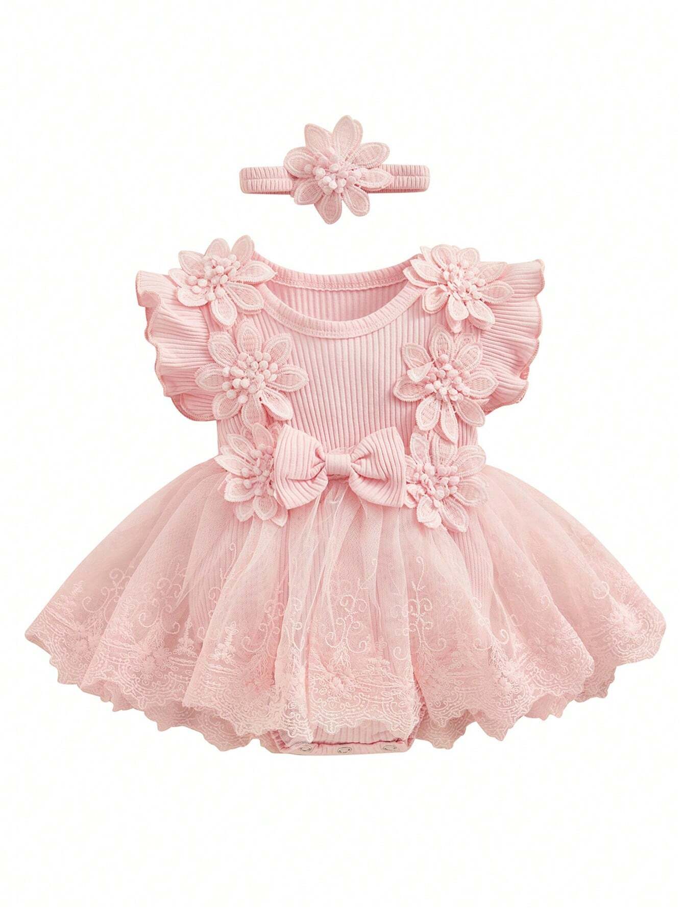 Baby Girls Pink 3D Flower Tulle Romper Dress with Headband