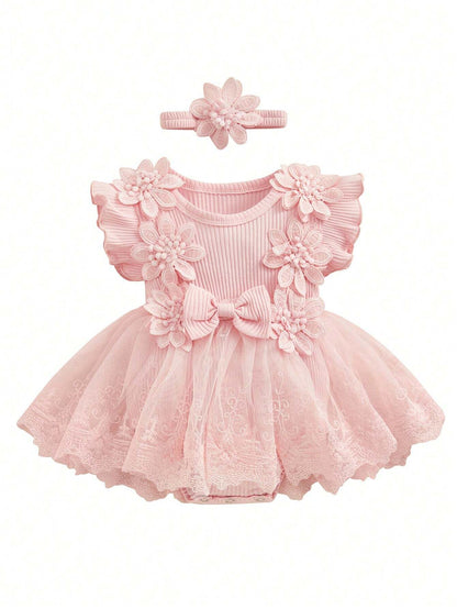 Baby Girls Pink 3D Flower Tulle Romper Dress with Headband