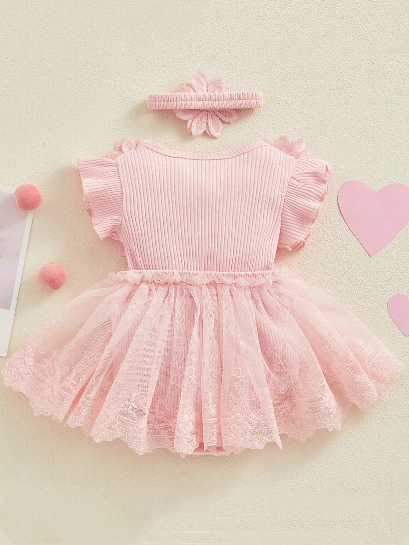 Baby Girls Pink 3D Flower Tulle Romper Dress with Headband