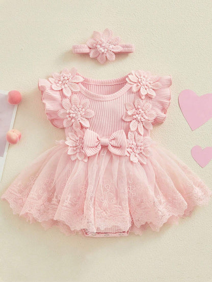 Baby Girls Pink 3D Flower Tulle Romper Dress with Headband