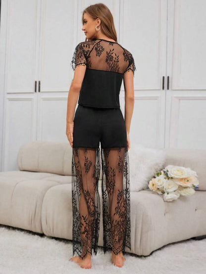 Women’s Black Lace Panel Top & Wide Leg Pants Lounge Set – Elegant Two Piece Homewear Set
