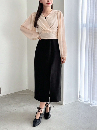 Women’s Beige Tie Front Balloon Sleeve Blouse