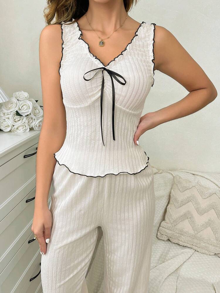 Women’s Ribbed Contrast Trim Lounge Set – Cream Sleeveless Top & Wide Leg Pants Pajama Set