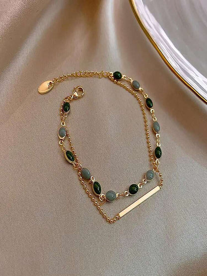Double Layer Beaded Anklet – Gold Tone Chain with Green and Gray Stone Detail for Women