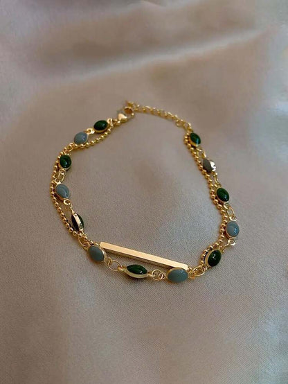 Double Layer Beaded Anklet – Gold Tone Chain with Green and Gray Stone Detail for Women