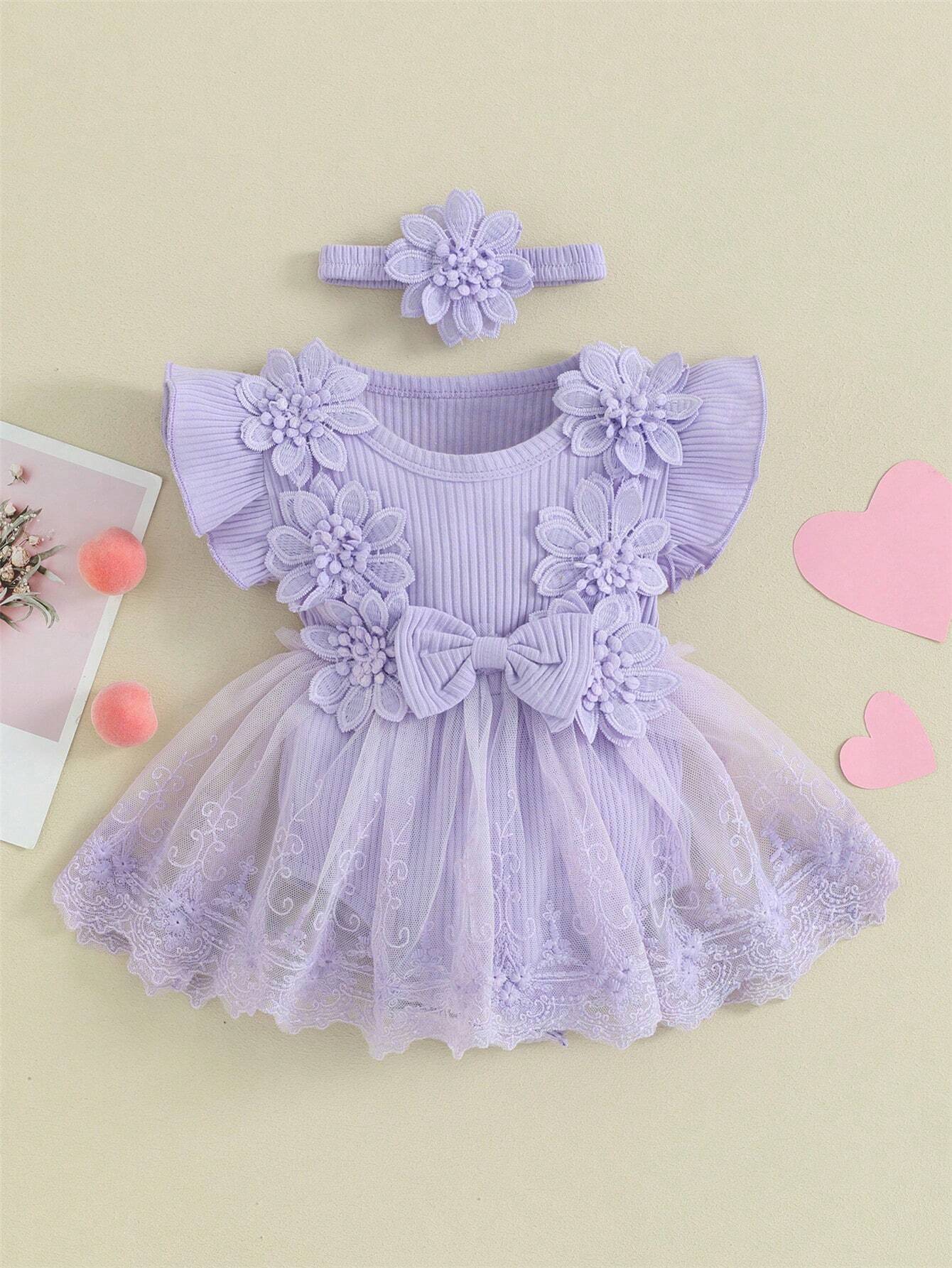SHEIN Kids Lavender Floral Tulle Dress Set - SHEIN Fast Delivery in 5 Days