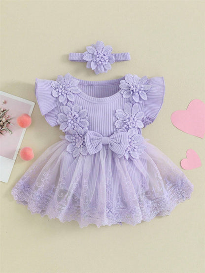 SHEIN Kids Lavender Floral Tulle Dress Set - SHEIN Fast Delivery in 5 Days