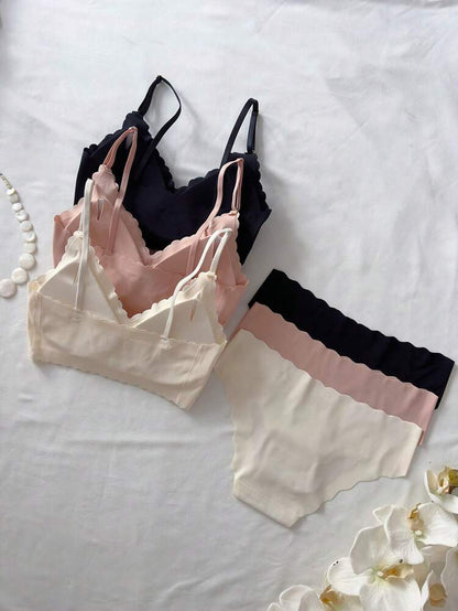 Women’s Seamless Bra & Panty 6 Piece Set – 3 Matching Wireless Bras and 3 Panties – Black Pink Beige Multi Color Underwear Pack