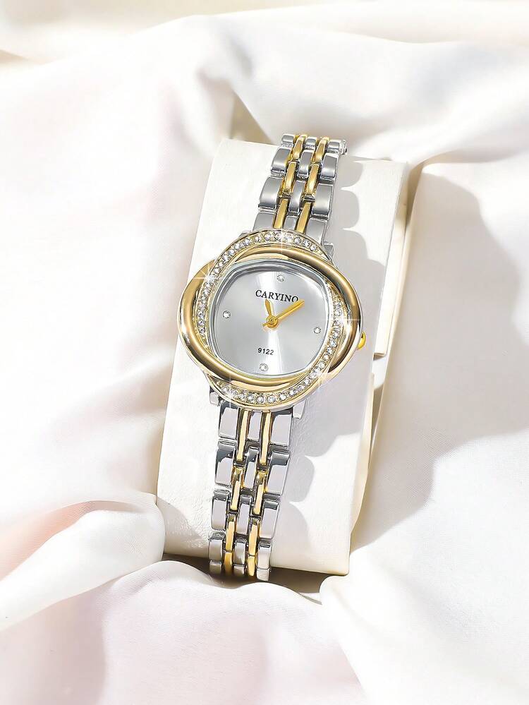 Women Luxury Two-Tone Watch – Crystal Bezel Stainless Steel Bracelet