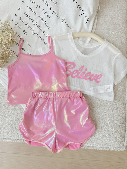 Girls Pink Shiny Cami Top Shorts & White Believe Mesh Tee Set