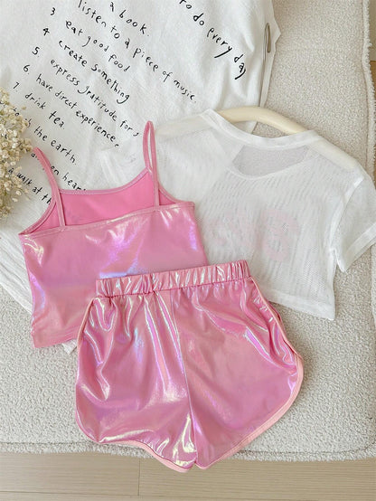 Girls Pink Shiny Cami Top Shorts & White Believe Mesh Tee Set