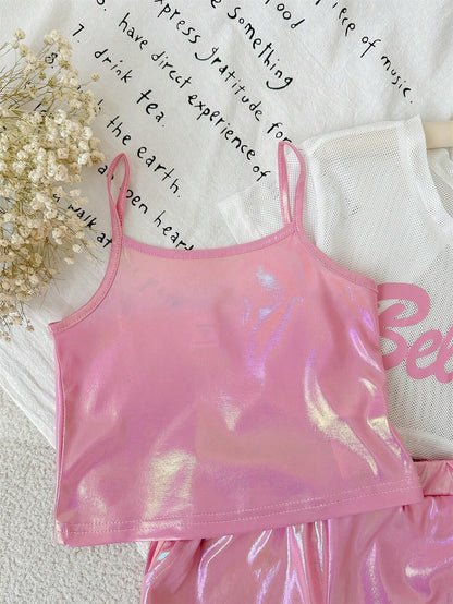 Girls Pink Shiny Cami Top Shorts & White Believe Mesh Tee Set