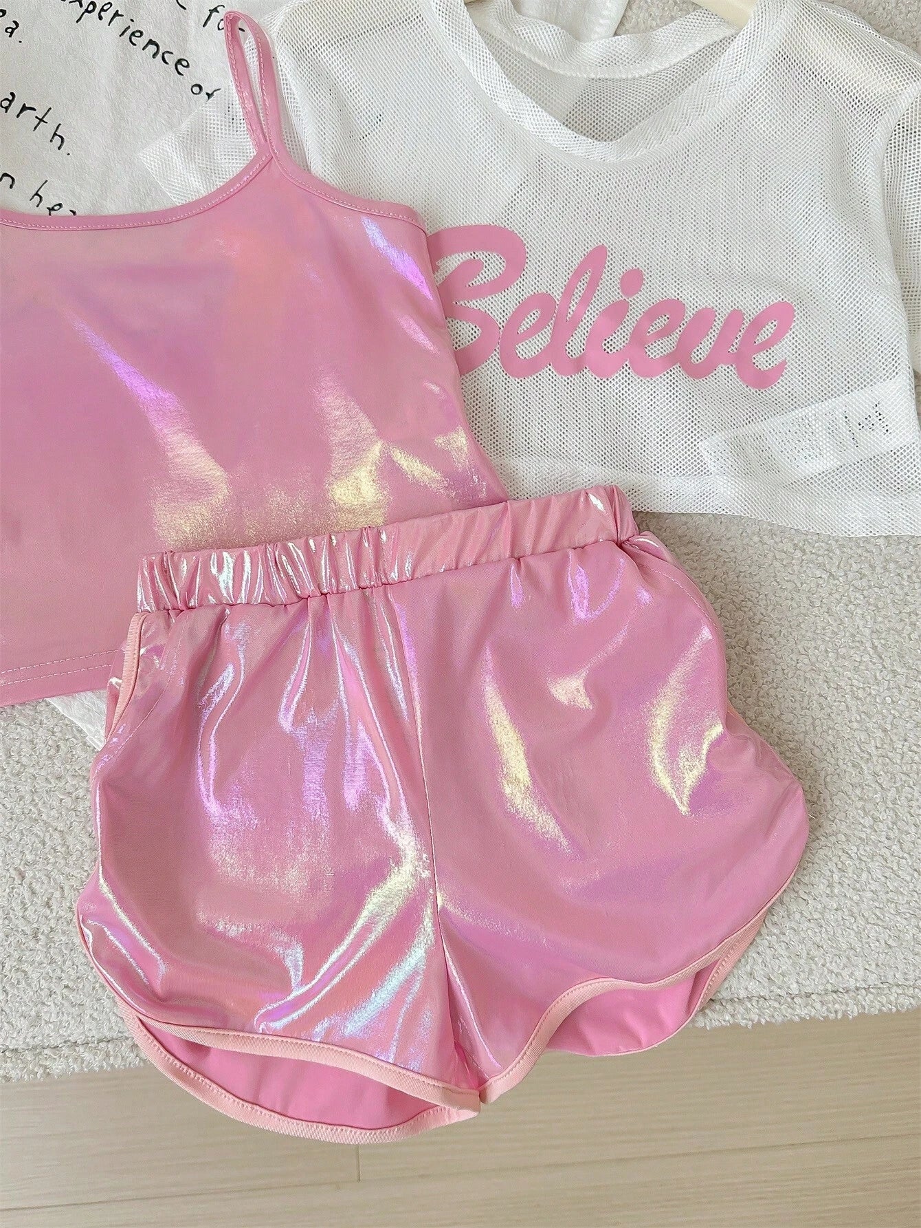 Girls Pink Shiny Cami Top Shorts & White Believe Mesh Tee Set