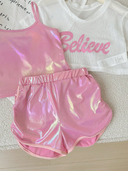 Girls Pink Shiny Cami Top Shorts & White Believe Mesh Tee Set