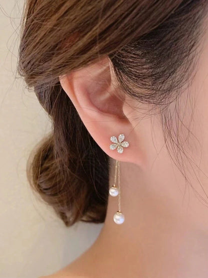Floral Pearl Drop Earrings – Crystal Flower Stud Earrings with Pearl Tassel for Women