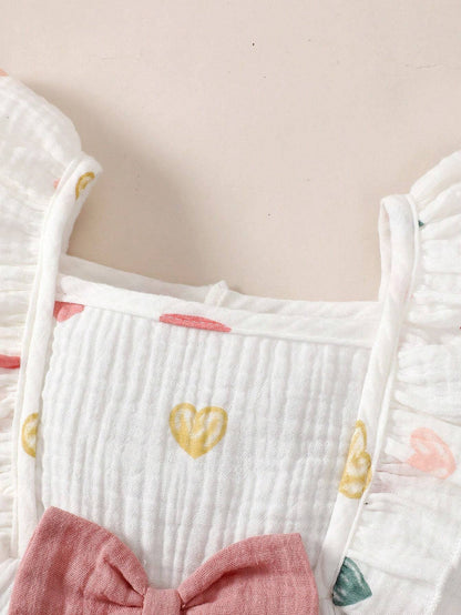 Baby Girls White Heart Print Dress with Pink Bow & Hat