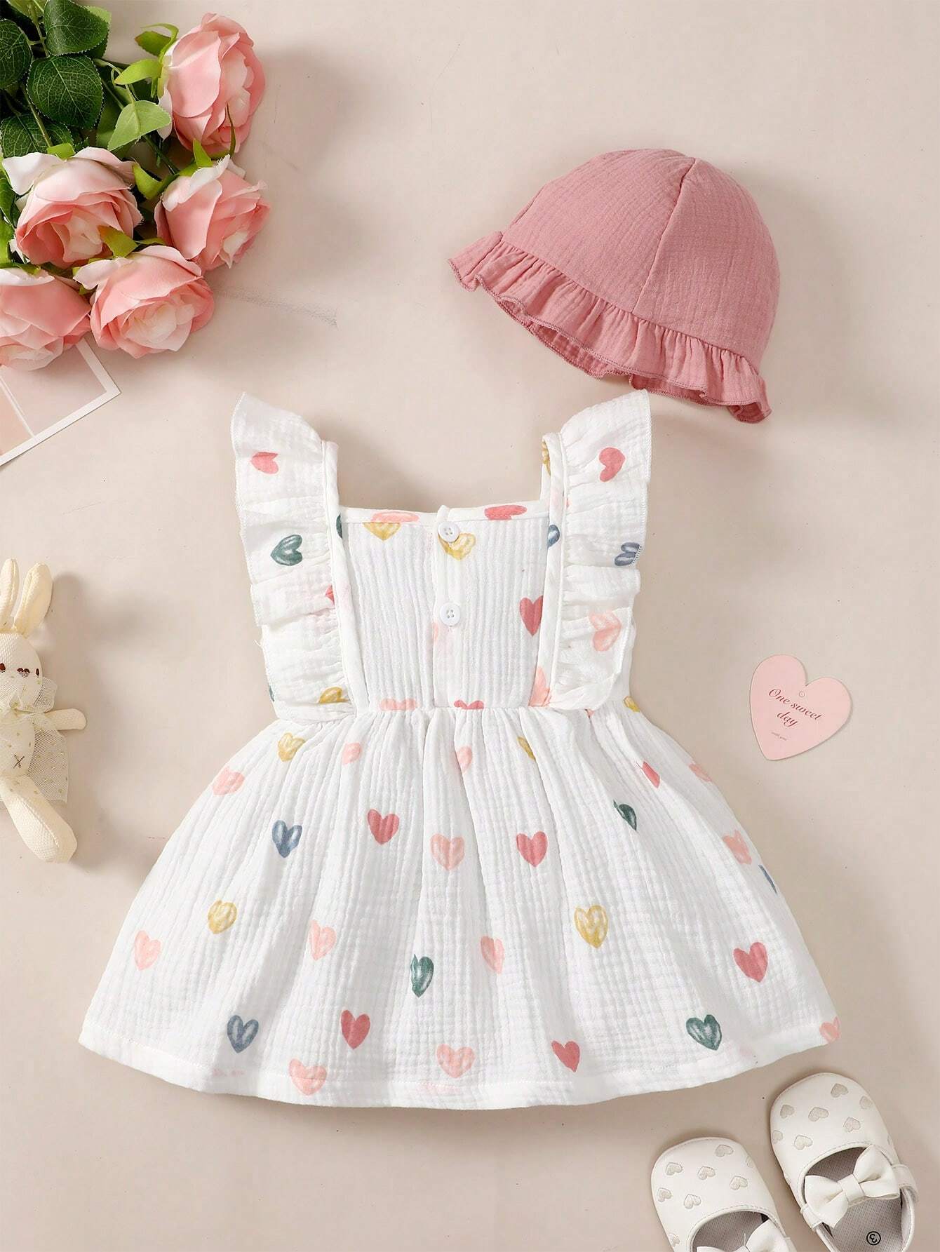 Baby Girls White Heart Print Dress with Pink Bow & Hat